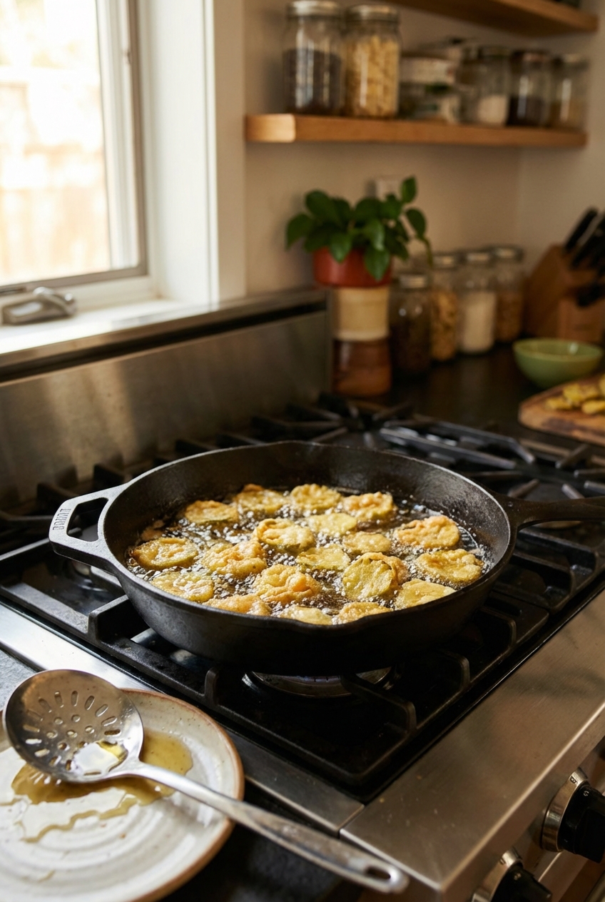 Pickle chips frying in a skillet with a slotted spoon nearby