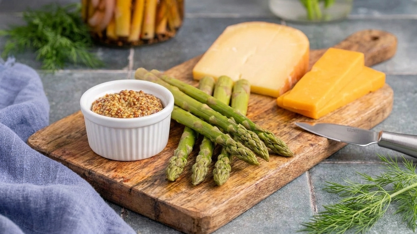 Pickled asparagus spears served on a small wooden board with a ramekin of mustard and sliced cheese on a dining table