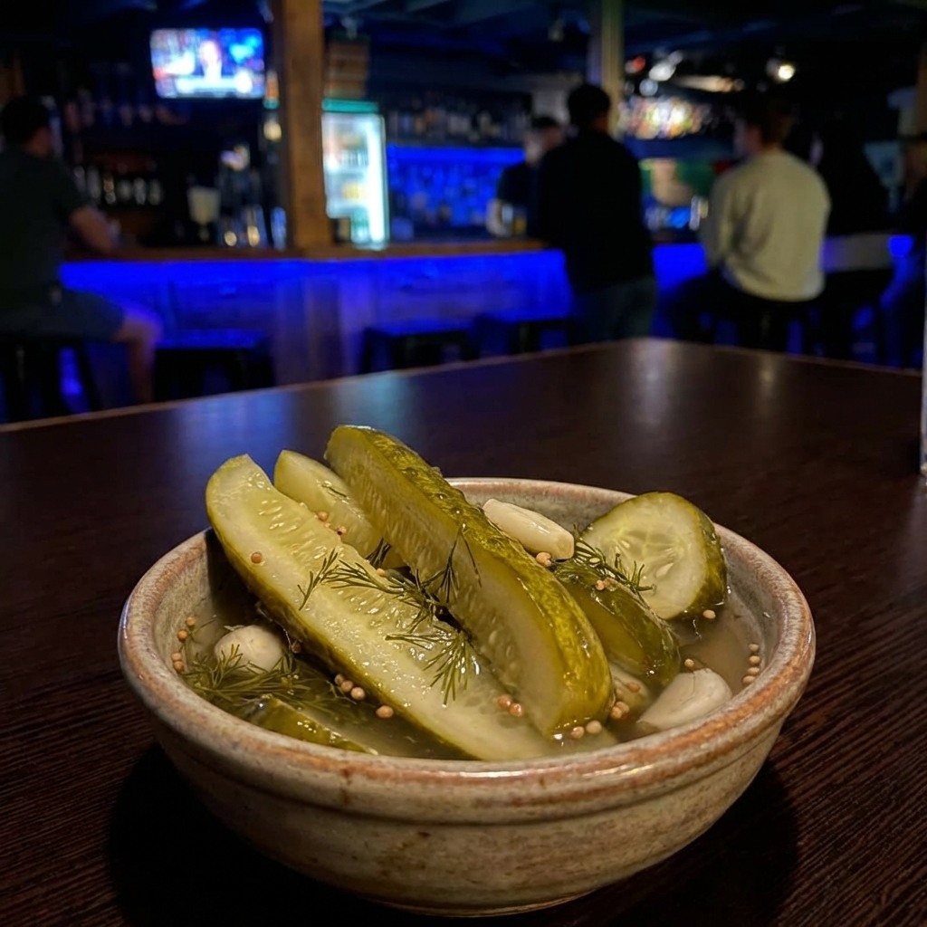 Pickled cucumbers in a small bowl