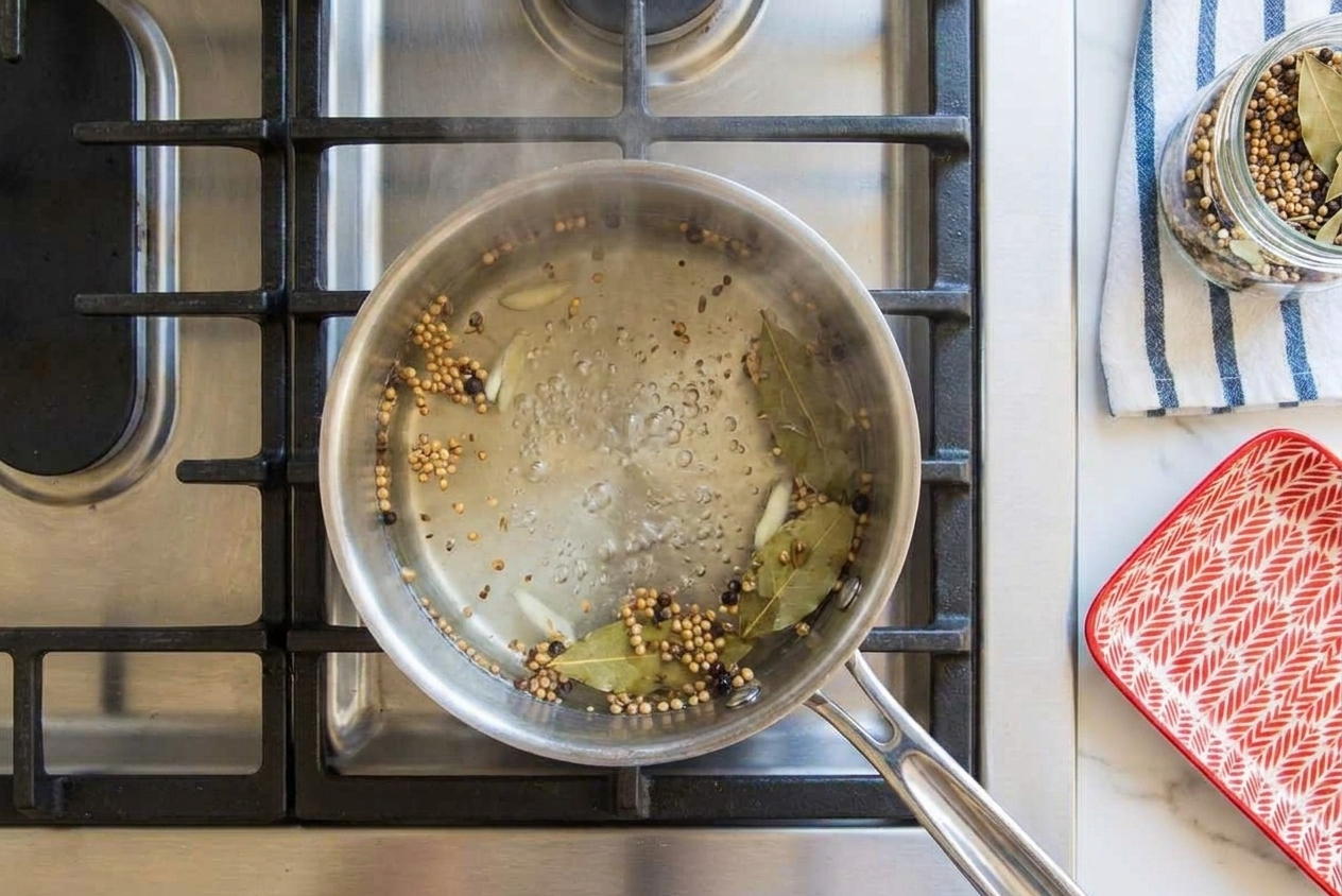 Pickling brine simmering gently in a small saucepan on a stovetop.