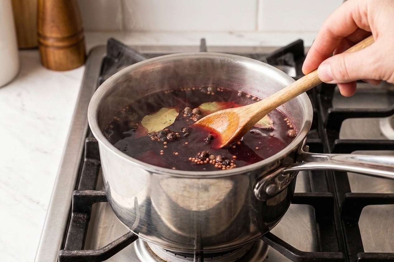 Pickling brine simmering in a saucepan with whole spices and a bay leaf visible