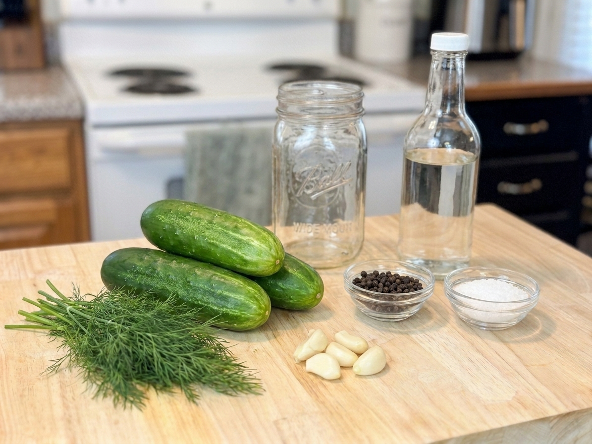 Pickling cucumbers, fresh dill, garlic, peppercorns, salt, and vinegar arranged and ready for making refrigerator pickles