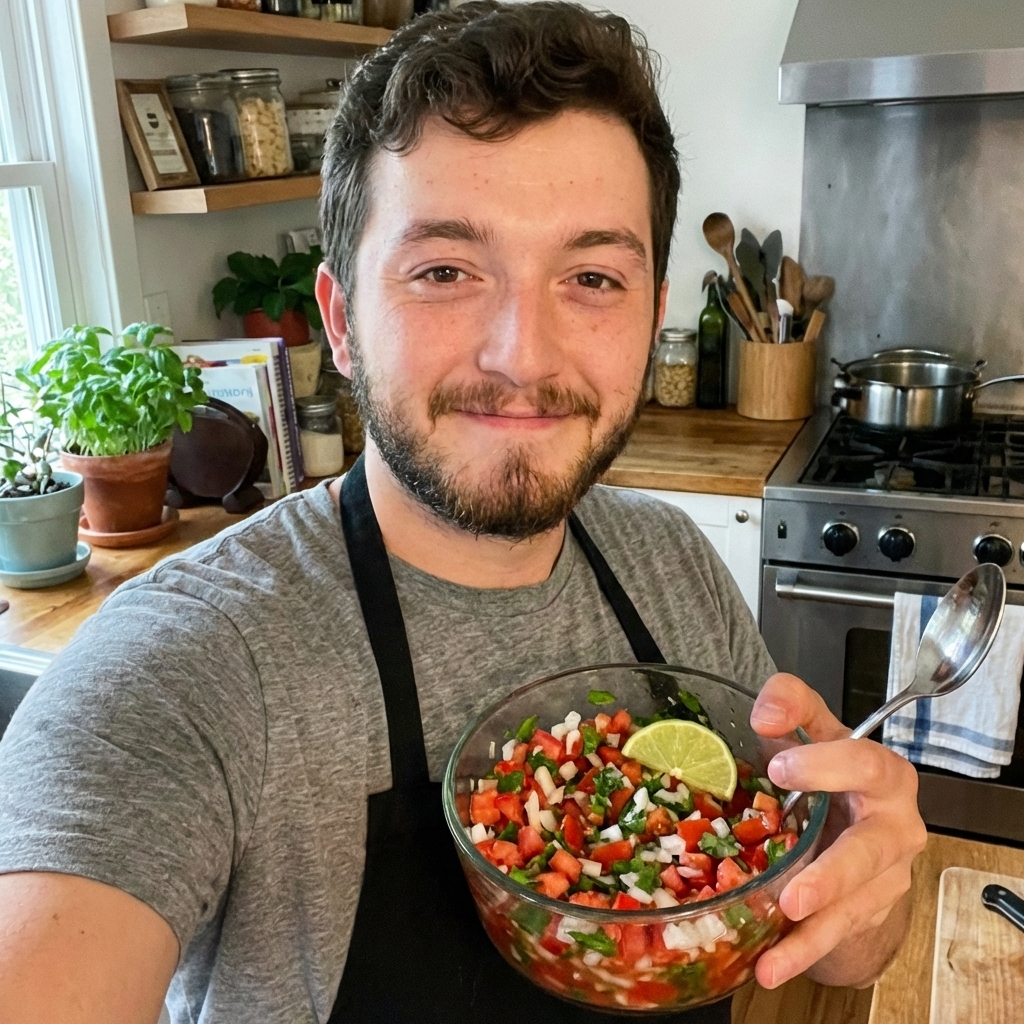 Pico de gallo in a bowl with diced tomatoes, onion, cilantro, and a lime wedge
