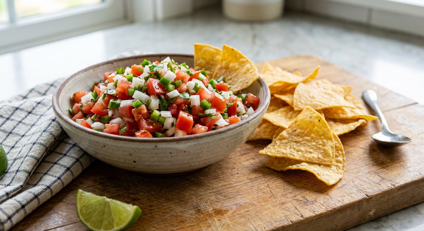 Pico de gallo in a bowl with tortilla chips nearby on a wooden board