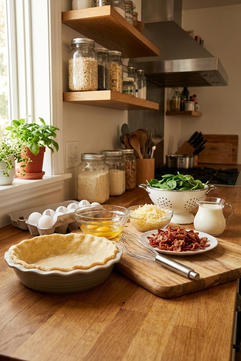 Pie crust, eggs, shredded cheese, cooked bacon, spinach, and cream arranged on a kitchen counter ready to make quiche