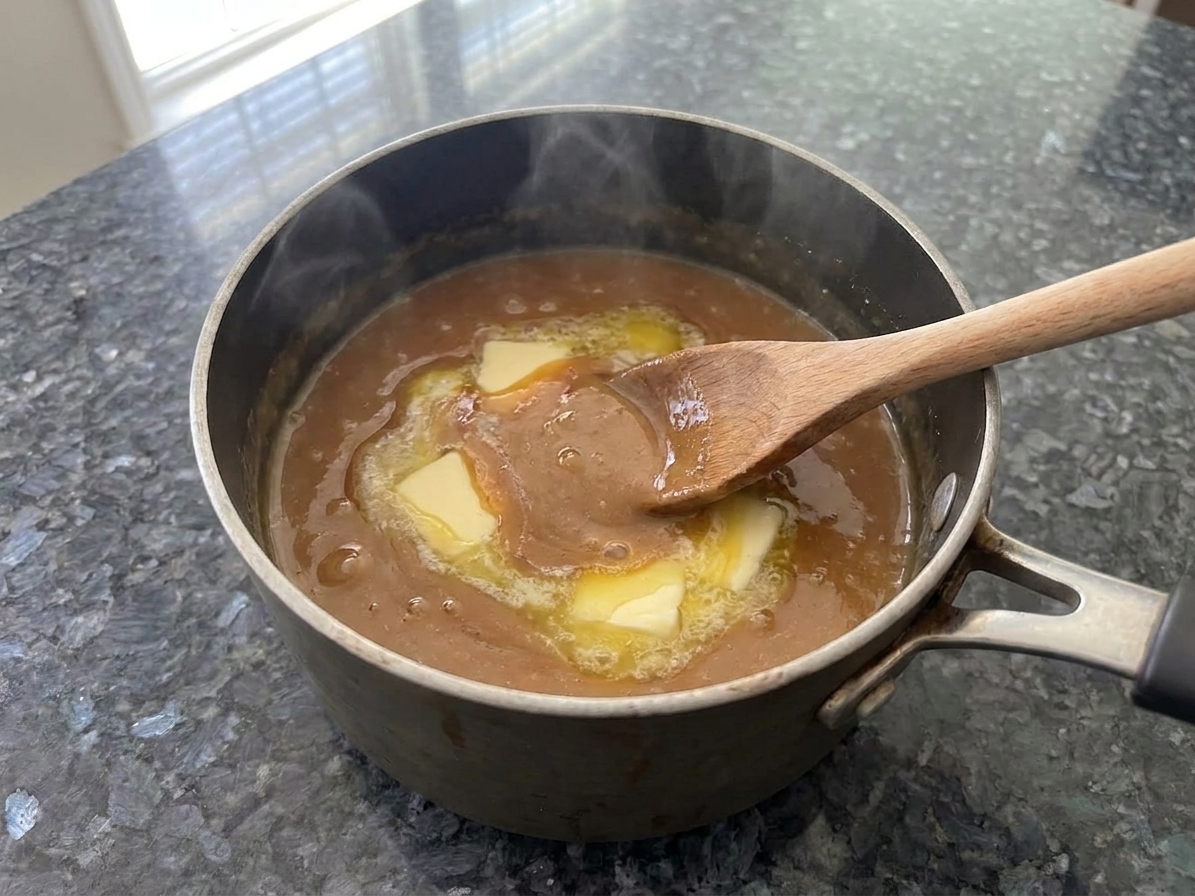 Pieces of butter melting into a thick caramel-colored custard in a saucepan