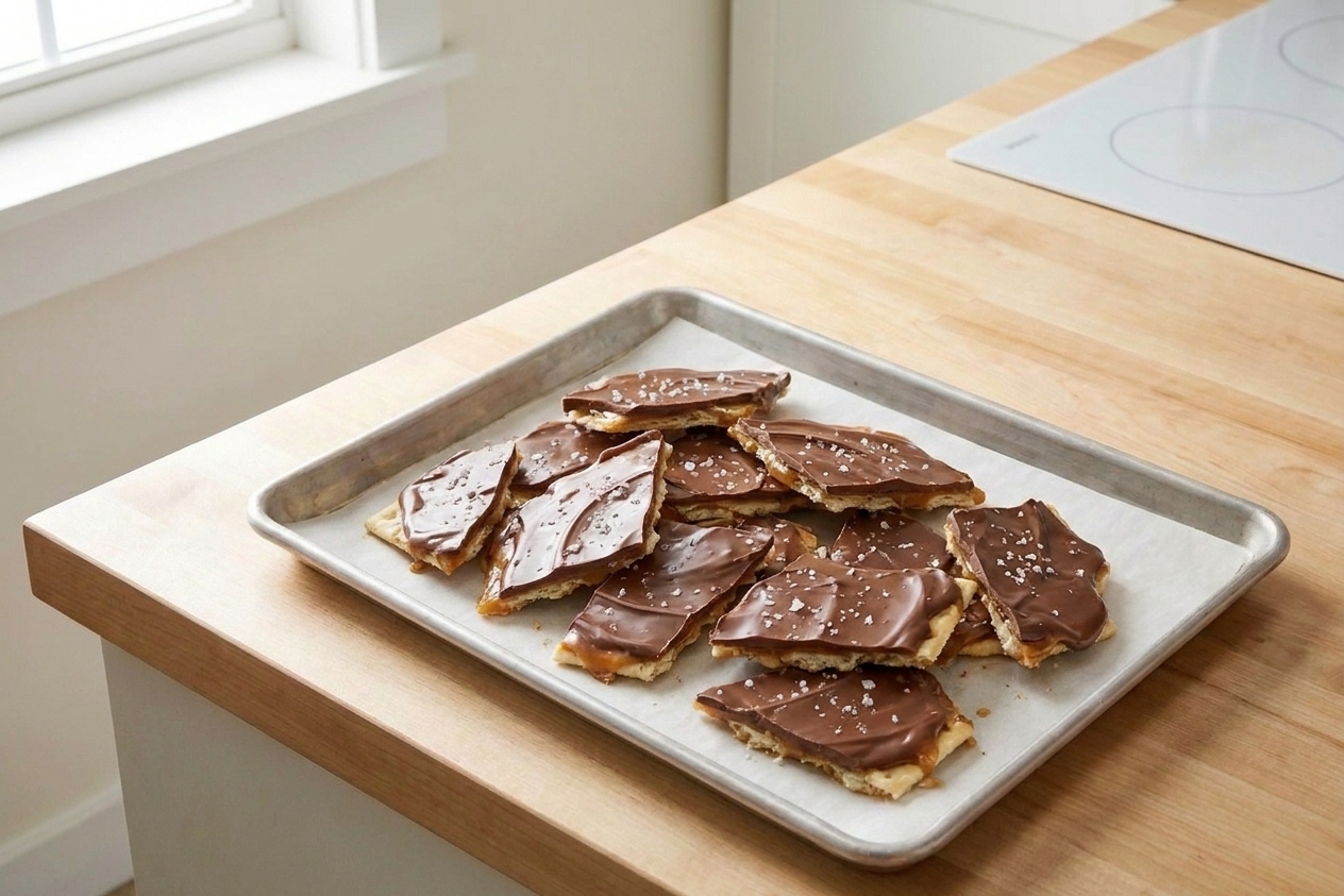 Pieces of saltine chocolate toffee broken into irregular shards on parchment paper, showing crisp cracker layers and glossy chocolate
