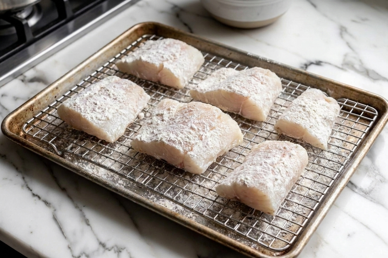 Pieces of white fish lightly coated in flour on a wire rack over a baking sheet, ready for frying