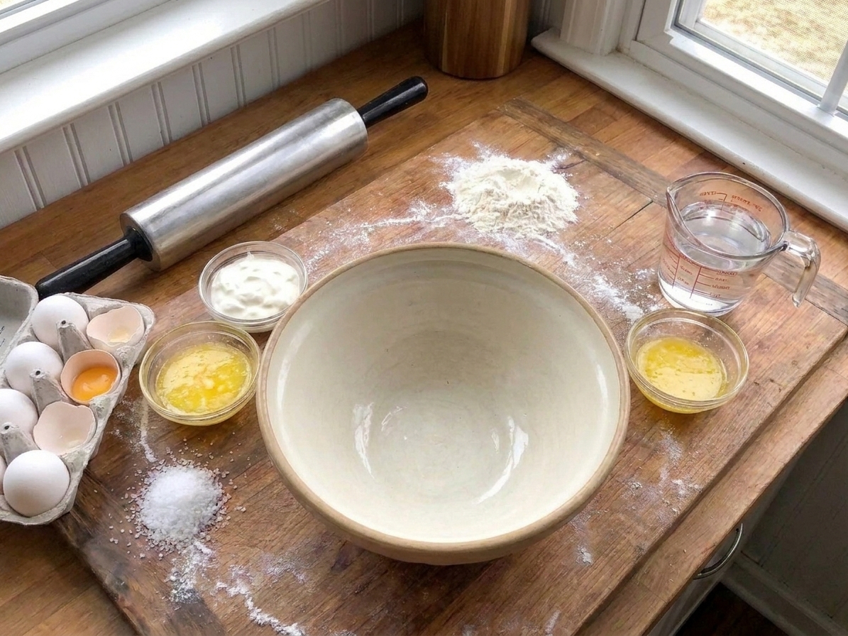 Pierogi dough ingredients on a kitchen counter including flour, eggs, sour cream, water, salt, and a small bowl of melted butter arranged neatly in natural light