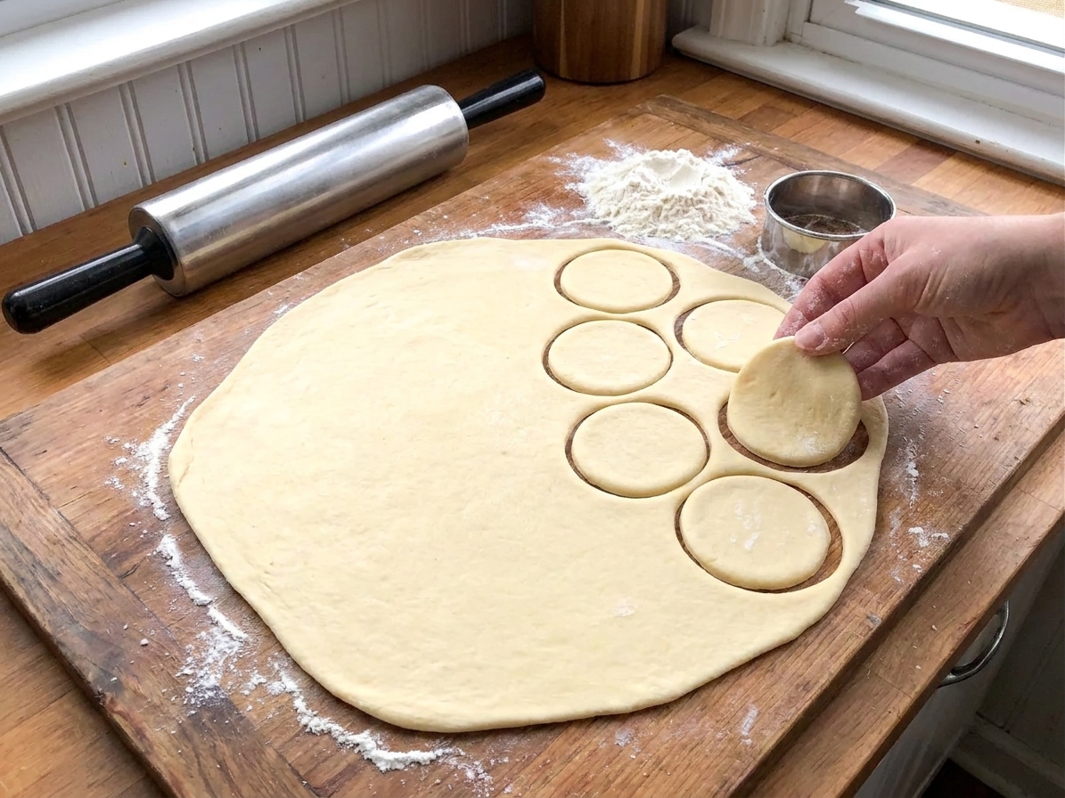 Pierogi dough rolled out on a lightly floured wooden board with a few round cutouts and a small pile of flour nearby in warm kitchen lighting