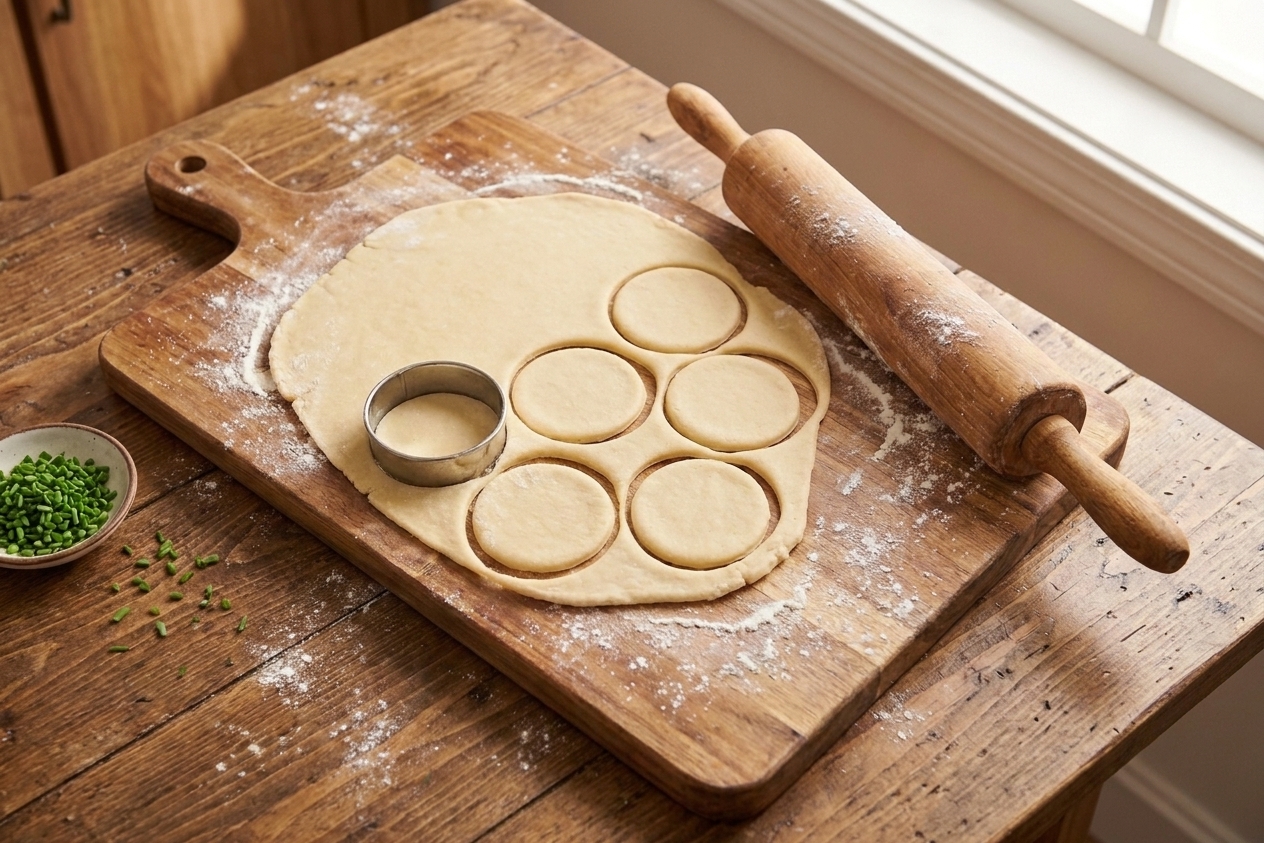 Pierogi dough rolled out with cut circles on a floured wooden board beside a rolling pin