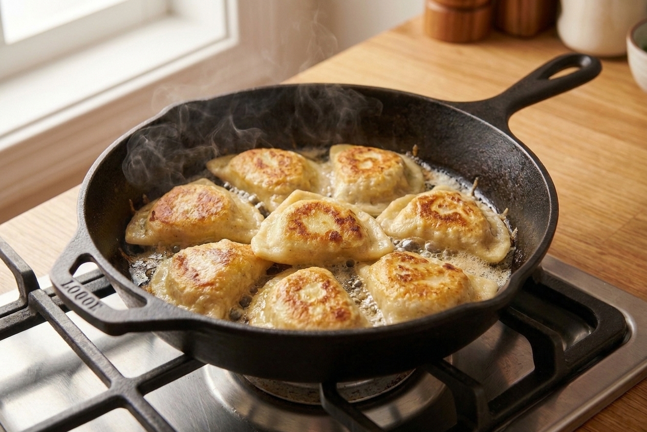 Pierogies sizzling in butter in a skillet as they turn golden brown on the bottom