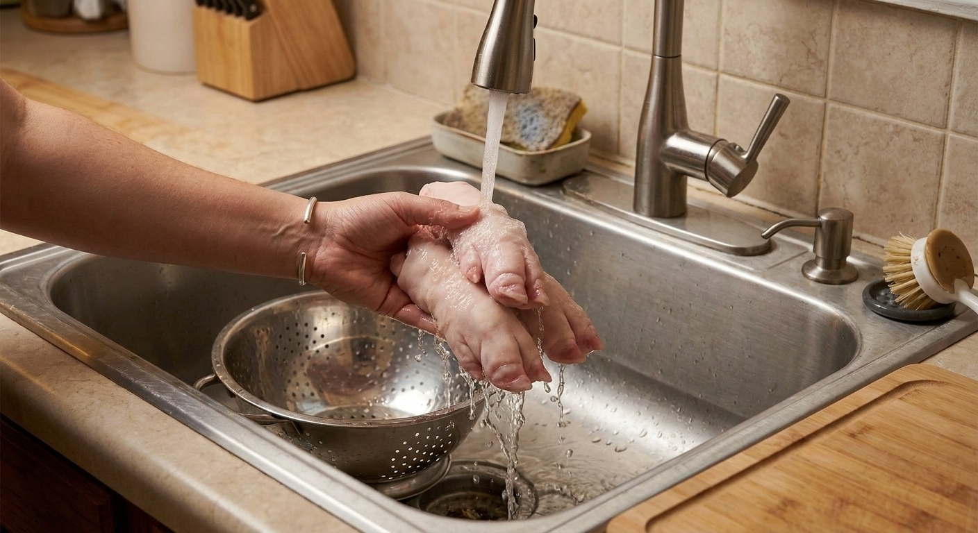 Pig feet being rinsed under running water in a stainless steel sink with a colander nearby, bright home kitchen lighting