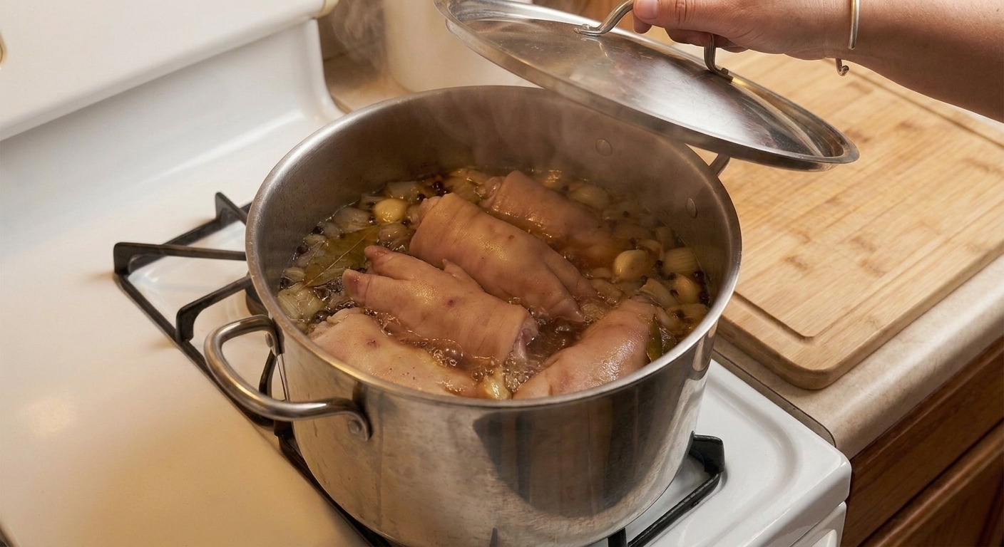 Pig feet braising in a pot with onions and spices, lid slightly ajar on a stovetop