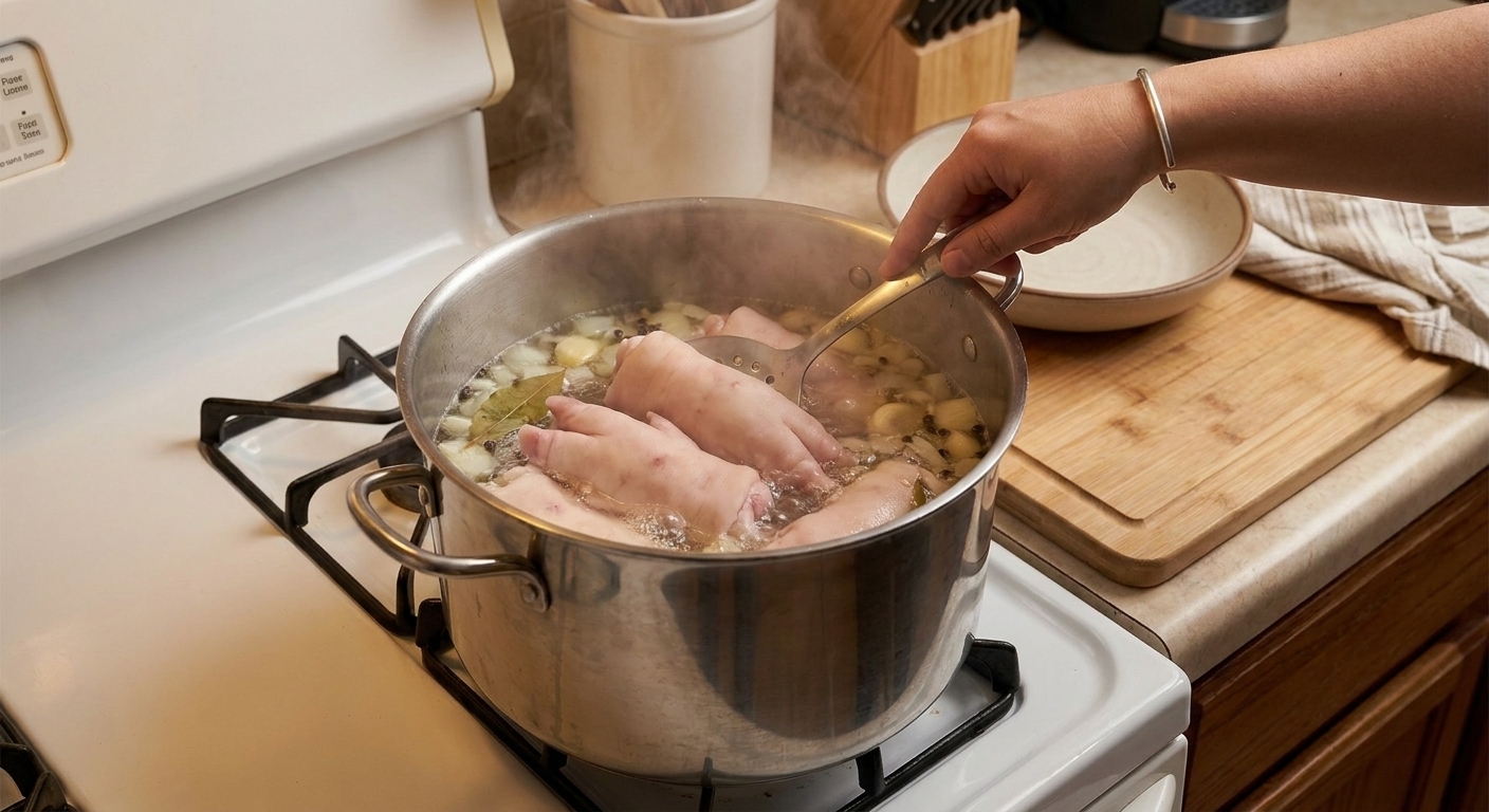 Pig feet simmering in a large pot of water on a stovetop during the parboil step, steam rising