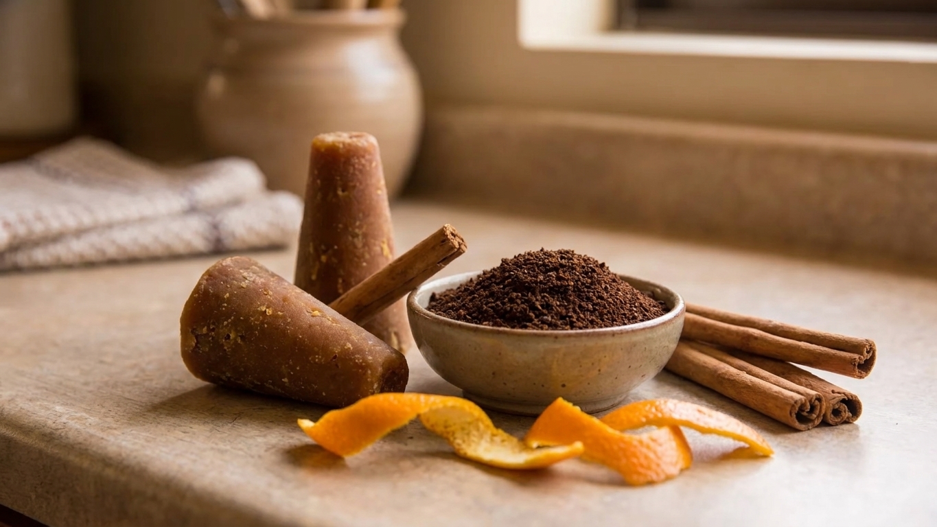 Piloncillo cones, whole cinnamon sticks, coffee grounds, and orange peel arranged on a neutral kitchen counter