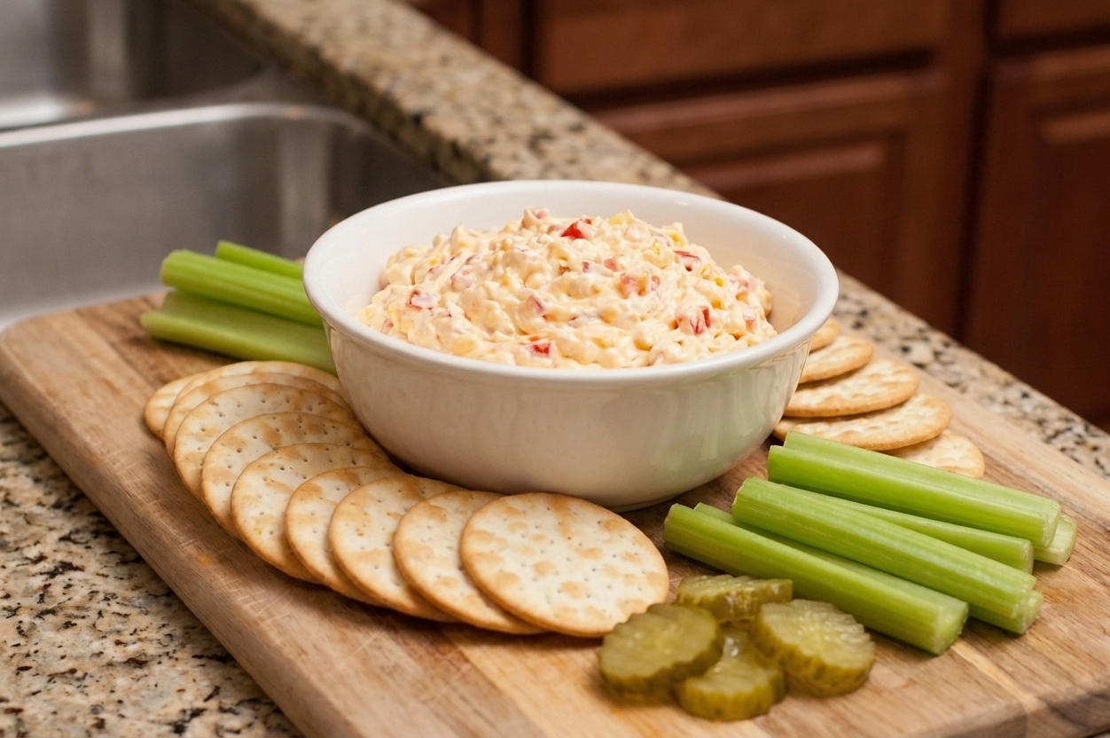 Pimento cheese spread served in a small bowl with crackers, celery sticks, and pickle slices arranged on a simple wooden board