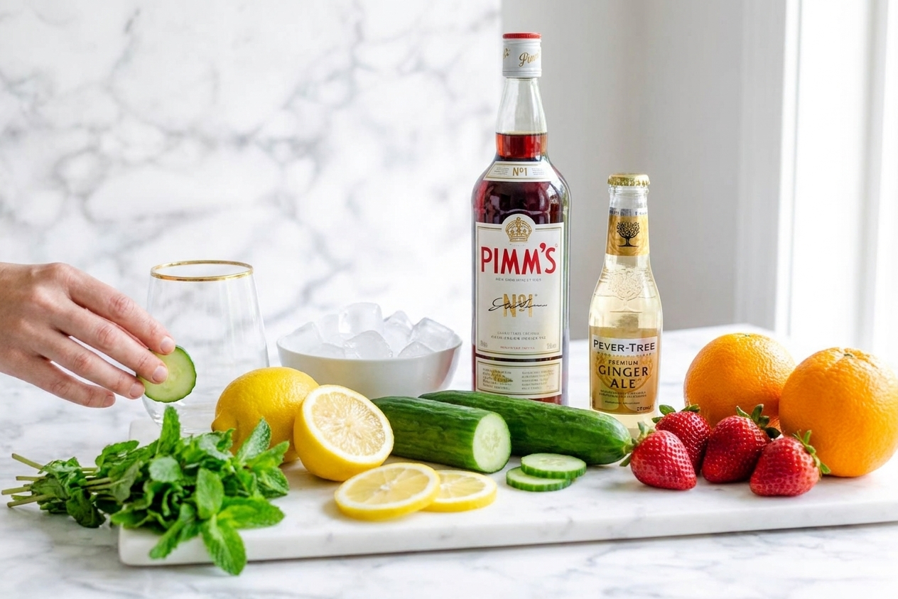 Pimm’s No. 1, ginger ale, lemons, cucumbers, strawberries, oranges, mint, and ice arranged on a clean kitchen counter in natural light