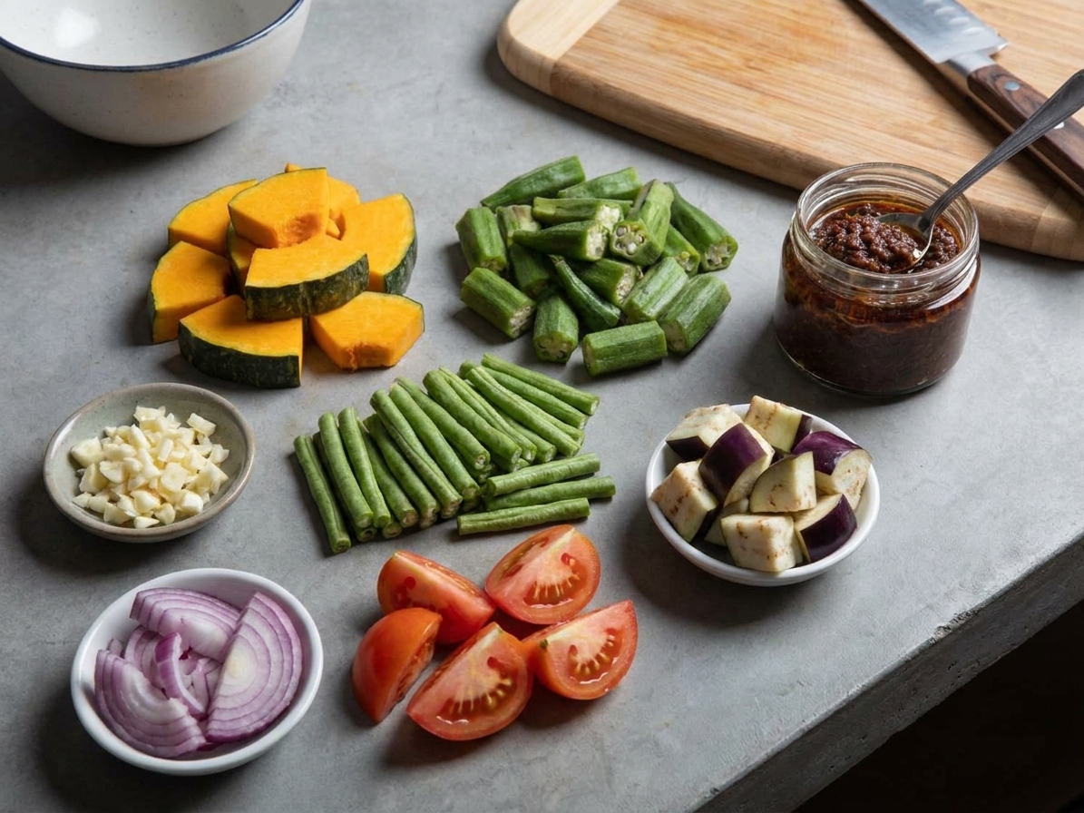 Pinakbet ingredients laid out on a kitchen counter including sliced squash, eggplant, okra, long beans, tomatoes, onion, garlic, and a small bowl of bagoong