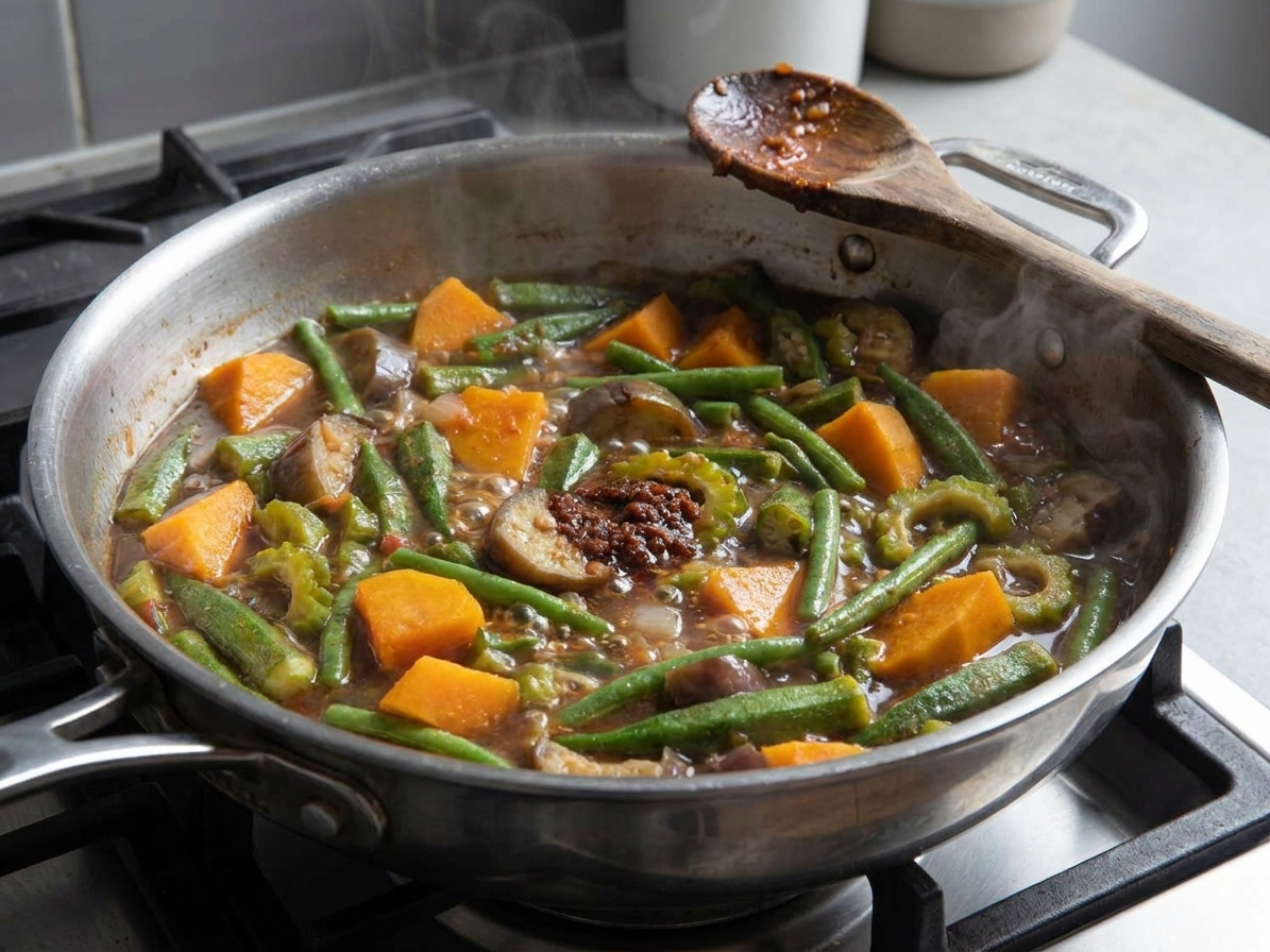 Pinakbet vegetables simmering in a wide sauté pan on a stovetop with a wooden spoon resting on the edge