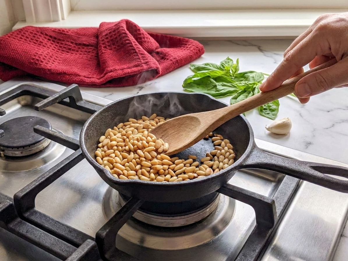 Pine nuts toasting in a small dry skillet on a stovetop, with a wooden spoon nearby and warm kitchen lighting