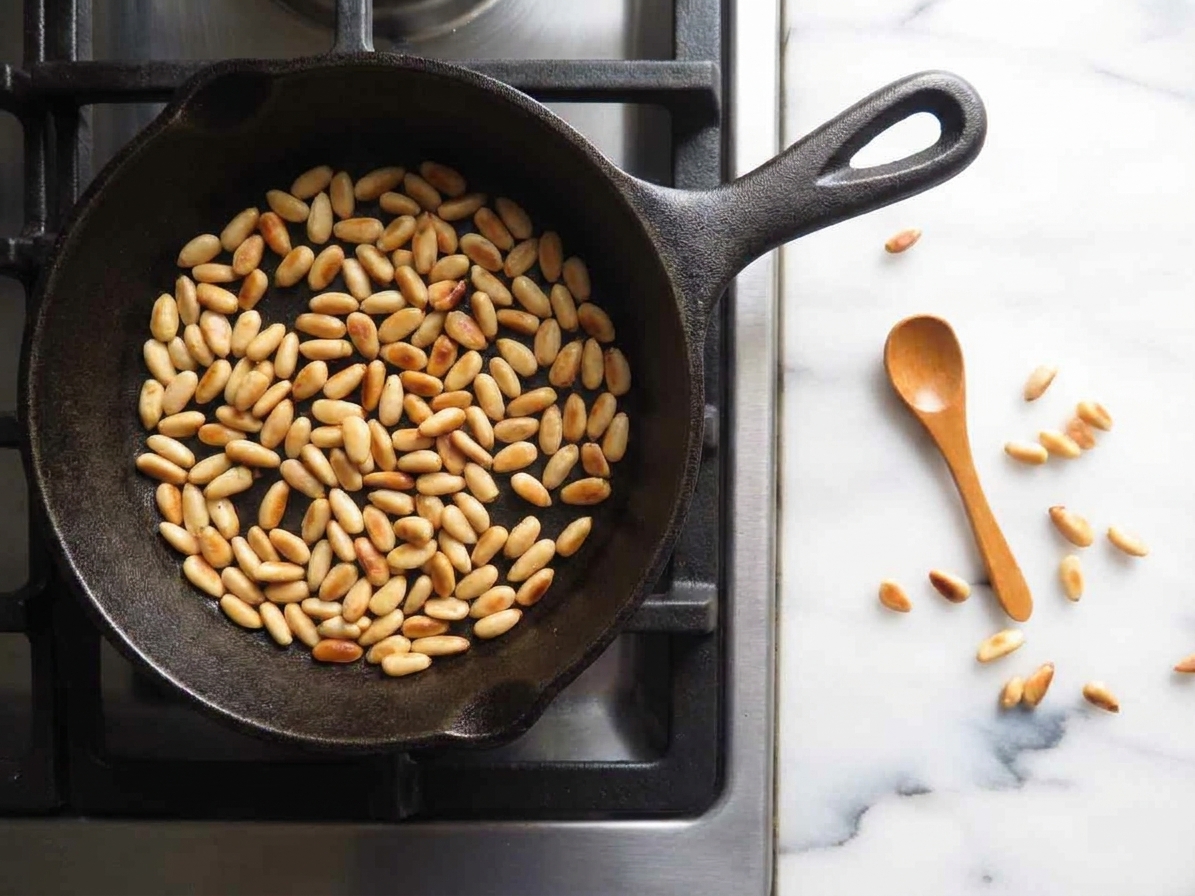 Pine nuts toasting in a small skillet on a stovetop, lightly golden with a wooden spoon nearby