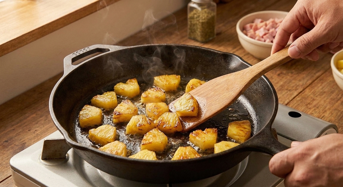 Pineapple chunks browning in a skillet with a light sheen of oil on a stovetop under warm kitchen lighting