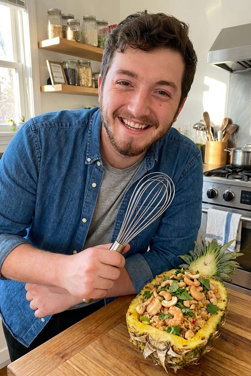Pineapple fried rice in a pineapple half topped with cashews and cilantro on a kitchen counter