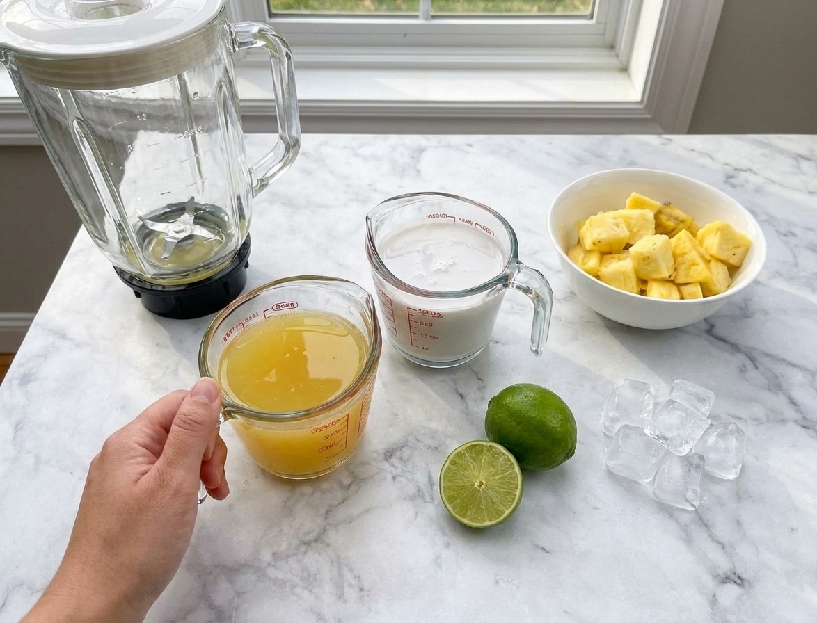 Pineapple juice, coconut milk, lime, and ice measured out on a clean kitchen counter with a blender nearby