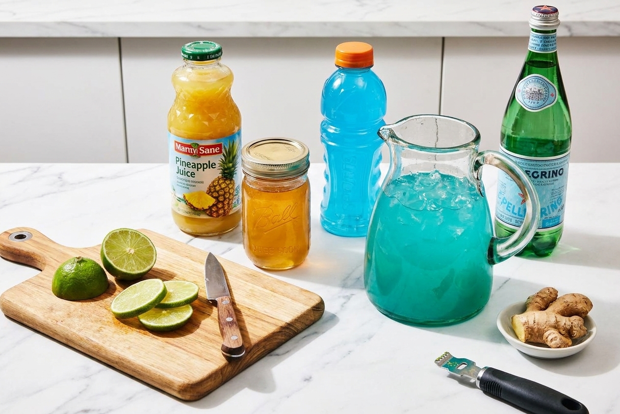 Pineapple juice, limes, ginger syrup, blue sports drink, and sparkling water arranged on a kitchen counter with a cutting board