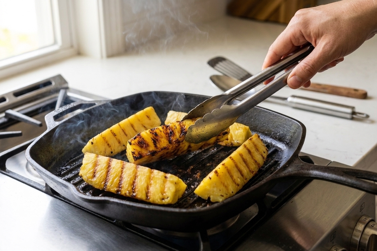 Pineapple spears charring on a cast iron grill pan with visible grill marks and a pair of tongs turning a piece