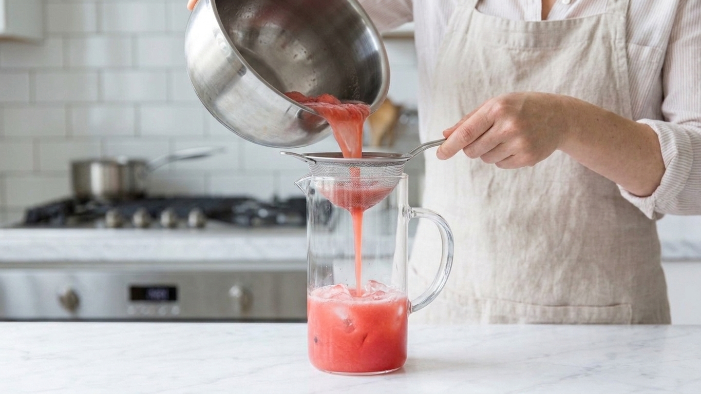 Pink agua fresca being poured through a fine-mesh strainer into a clear glass pitcher on a kitchen counter