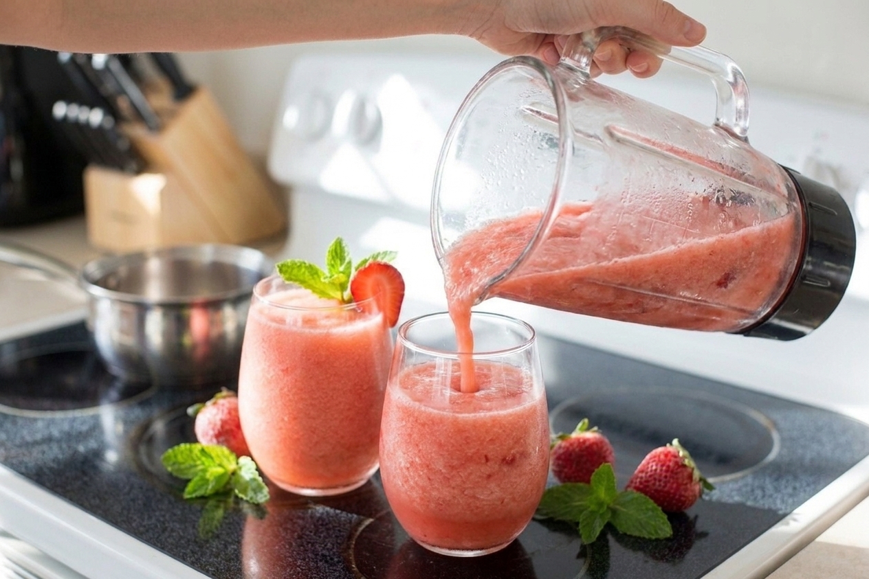 Pink strawberry frosé being poured from a blender into two stemless wine glasses on a kitchen counter
