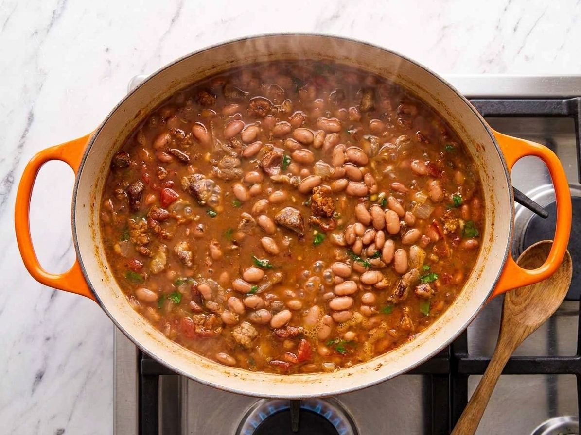 Pinto beans simmering in a smoky reddish broth in a Dutch oven on a stovetop