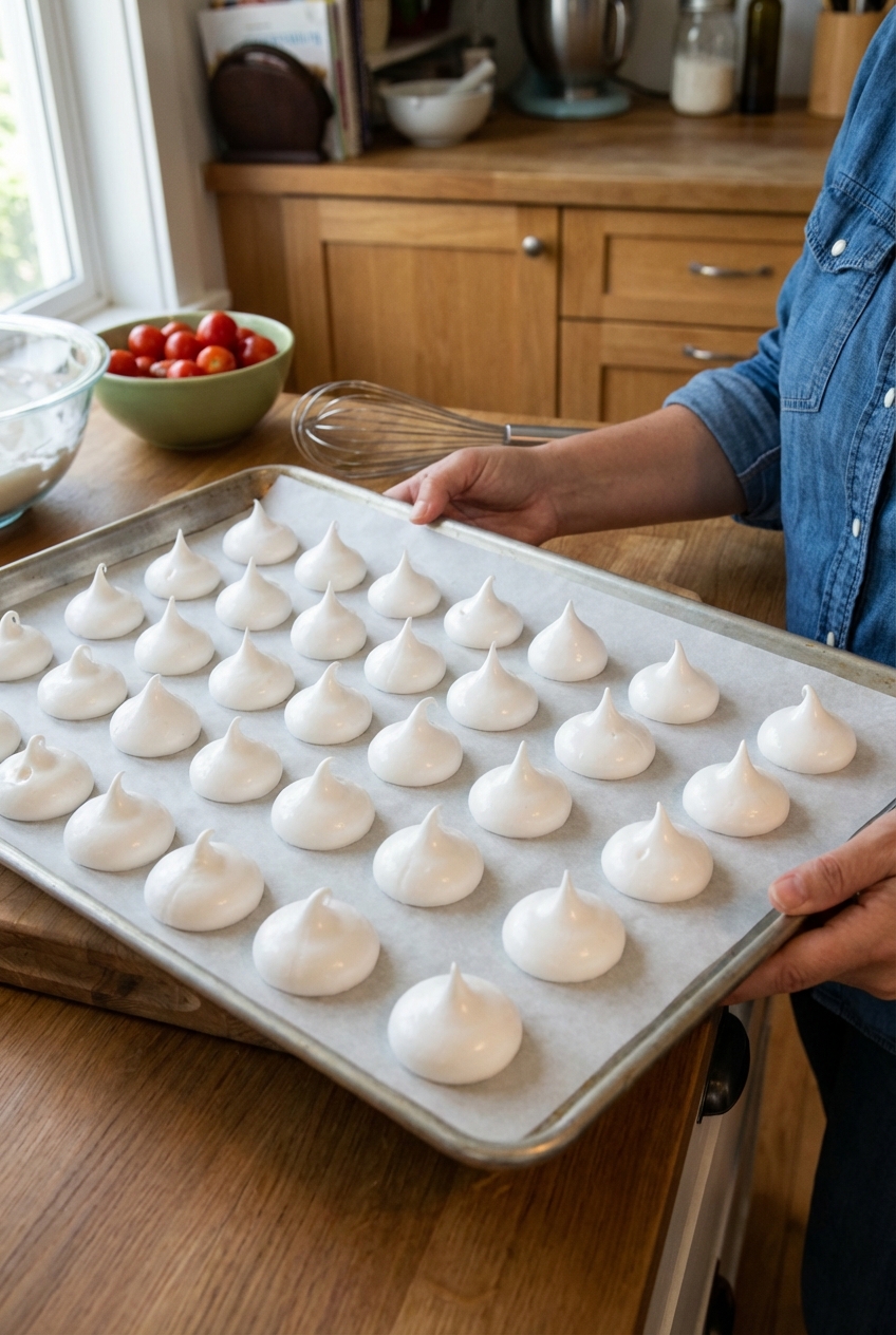 Piped meringue kisses on a parchment-lined baking sheet before baking