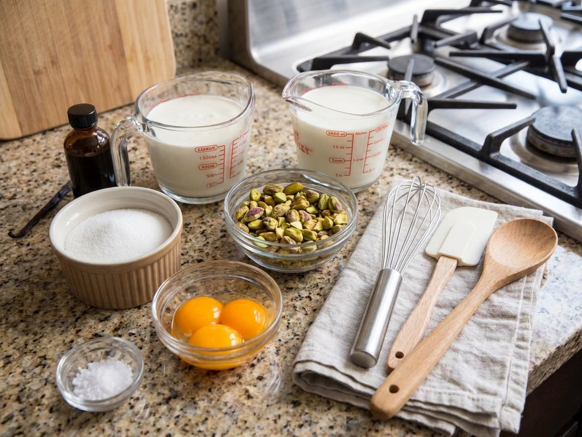 Pistachios, sugar, egg yolks, cream, milk, vanilla, and salt arranged on a clean kitchen counter ready for homemade ice cream