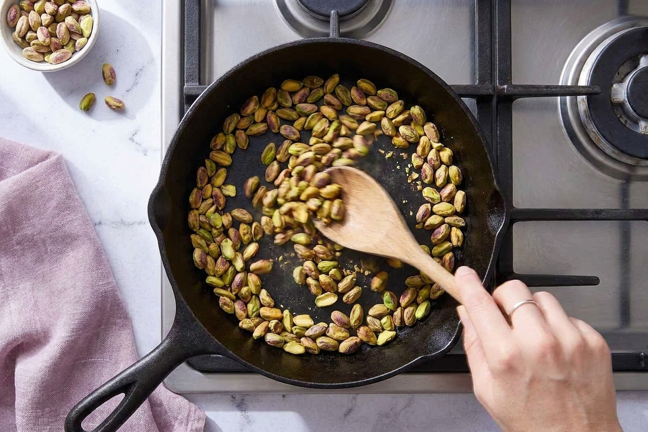 Pistachios toasting in a dry skillet on a stovetop, with a wooden spoon stirring as they turn fragrant