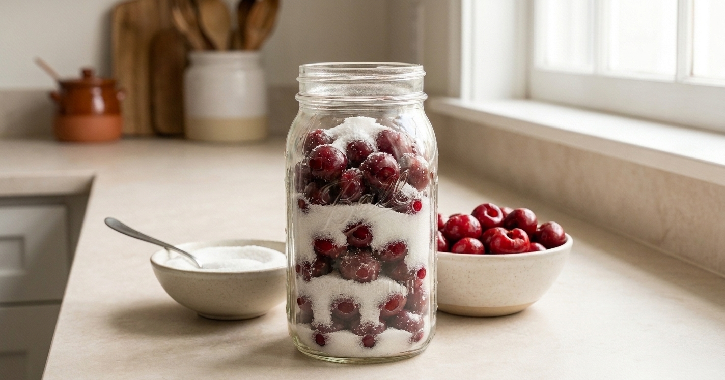 Pitted cherries and granulated sugar layered in a wide-mouth glass jar on a kitchen counter, ready to be mixed