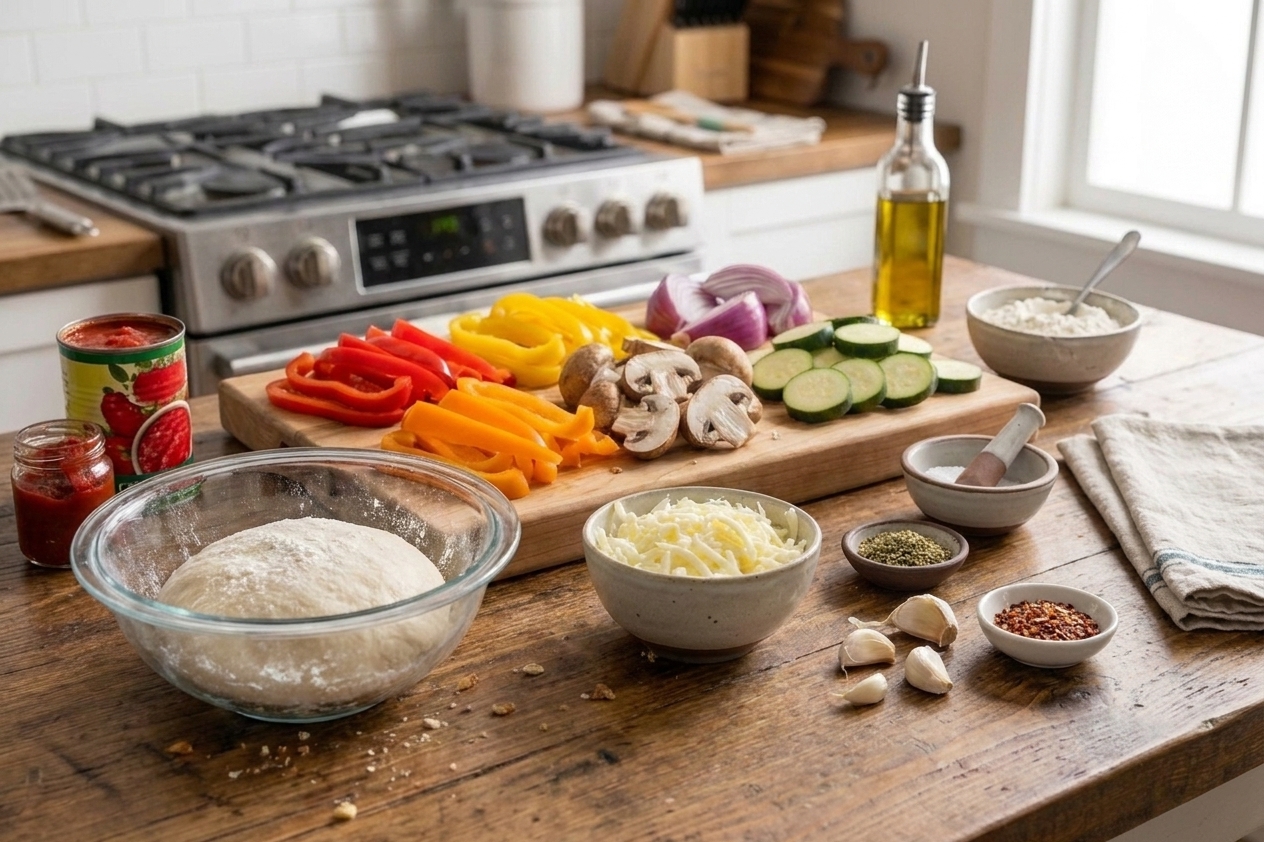 Pizza dough ball, shredded mozzarella, crushed tomatoes, tomato paste, garlic, and sliced vegetables arranged on a kitchen counter with small bowls of spices