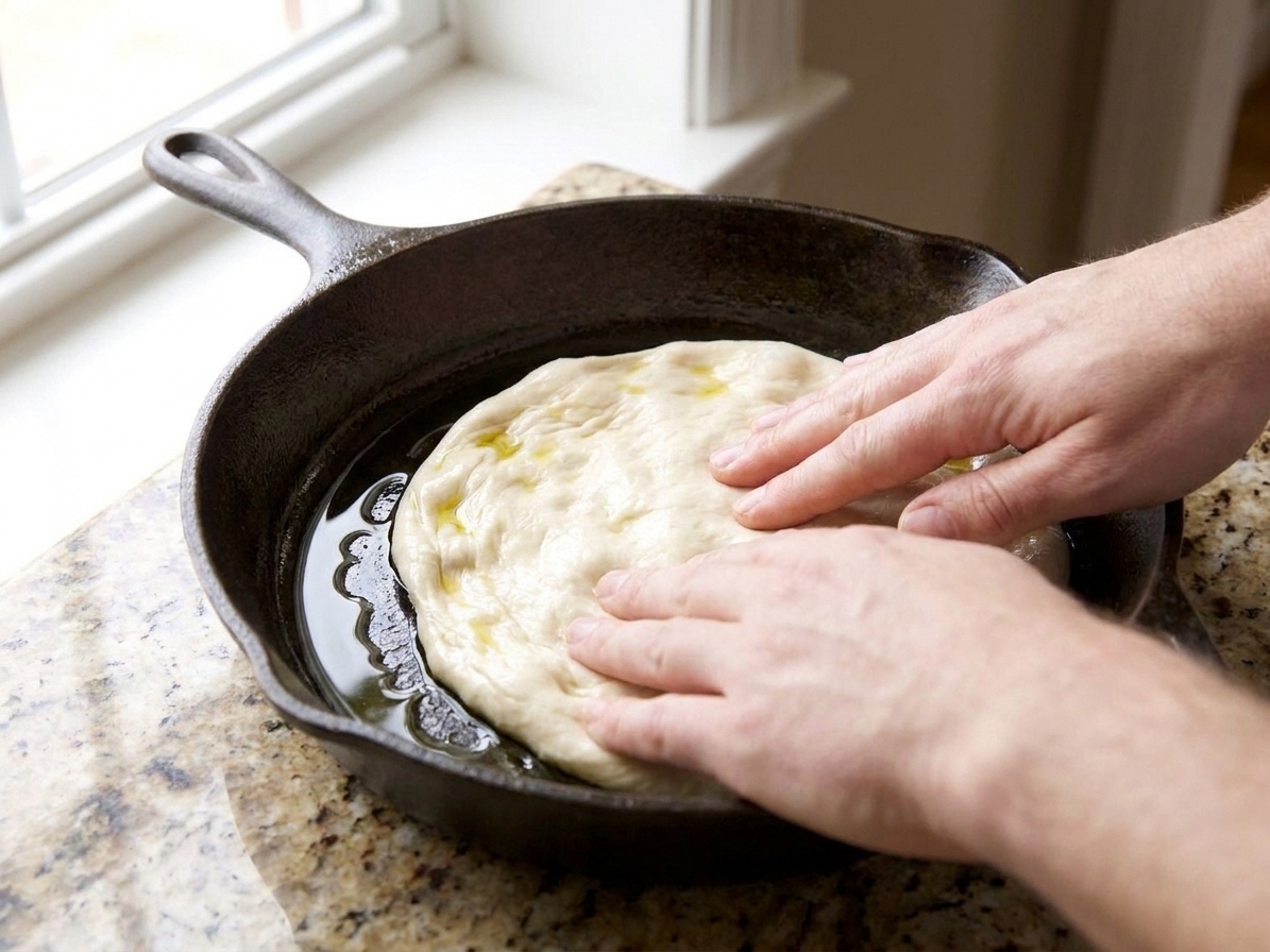 Pizza dough being pressed into an oiled cast iron skillet, with oil glistening around the edges