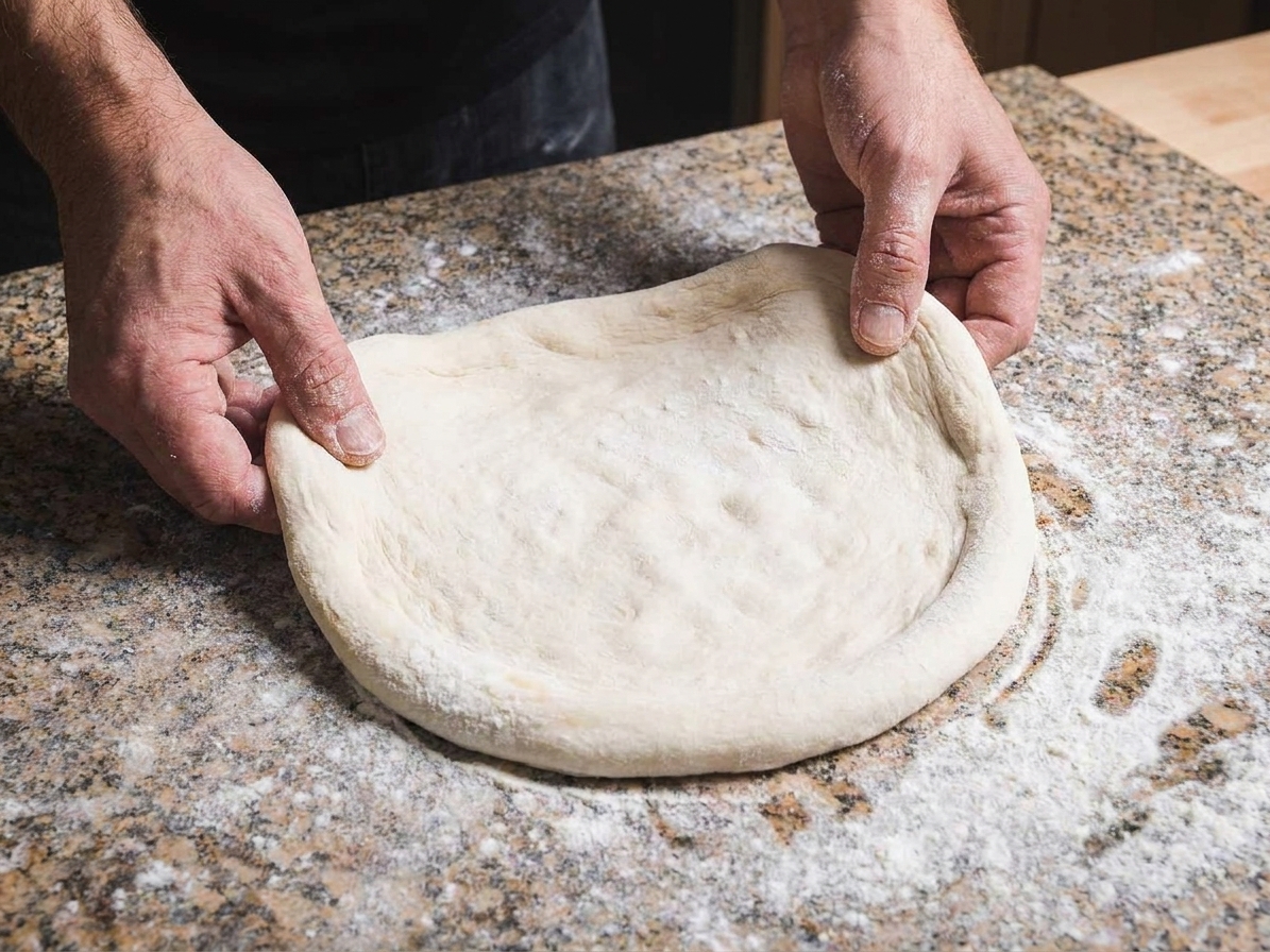Pizza dough being stretched by hand into a round with a thicker rim on a floured countertop, ready for topping