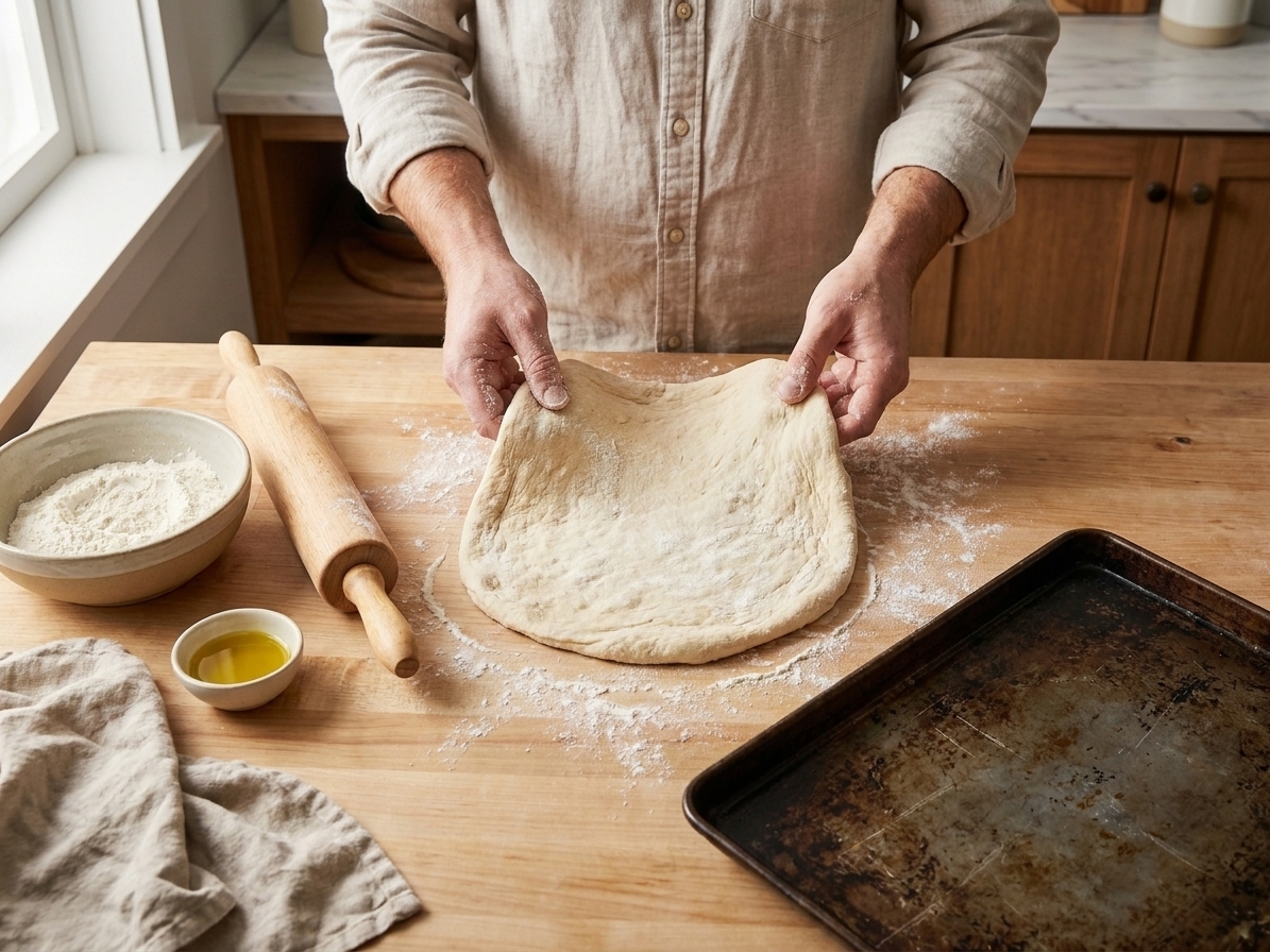 Pizza dough being stretched by hand on a lightly floured kitchen counter, with a rolling pin and flour bowl nearby