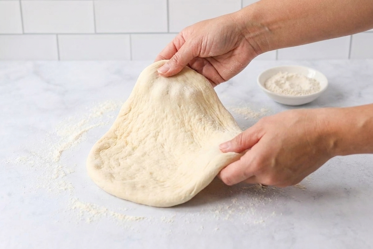 Pizza dough being stretched into a round on a lightly floured kitchen counter with a small bowl of flour nearby