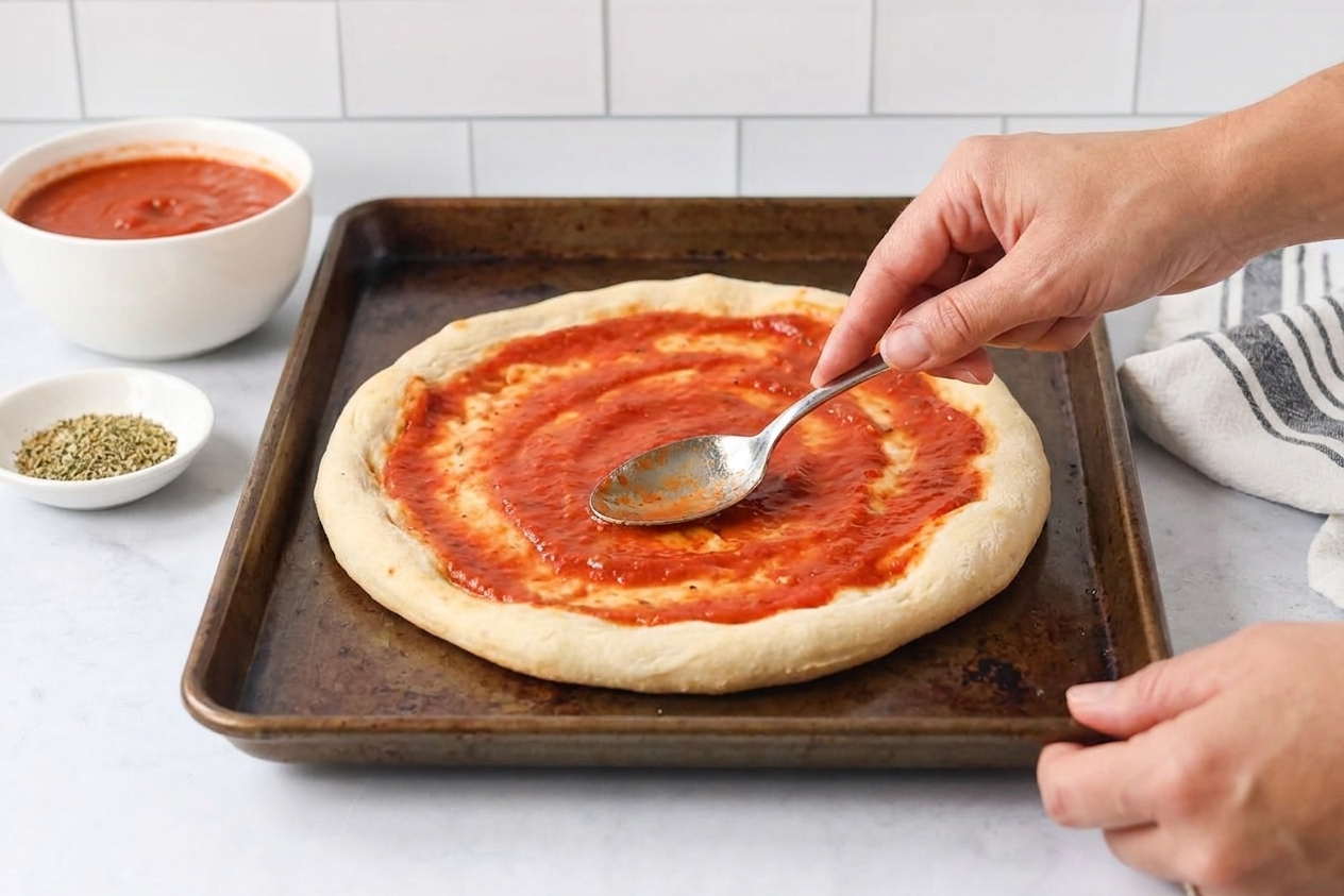 Pizza dough on a hot sheet pan while marinara sauce is spread in a thin layer using the back of a spoon