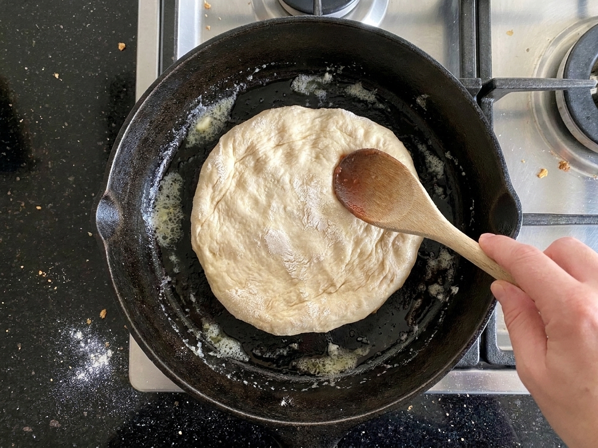 Pizza dough pressed into a buttered cast iron skillet with the dough pushed up the sides