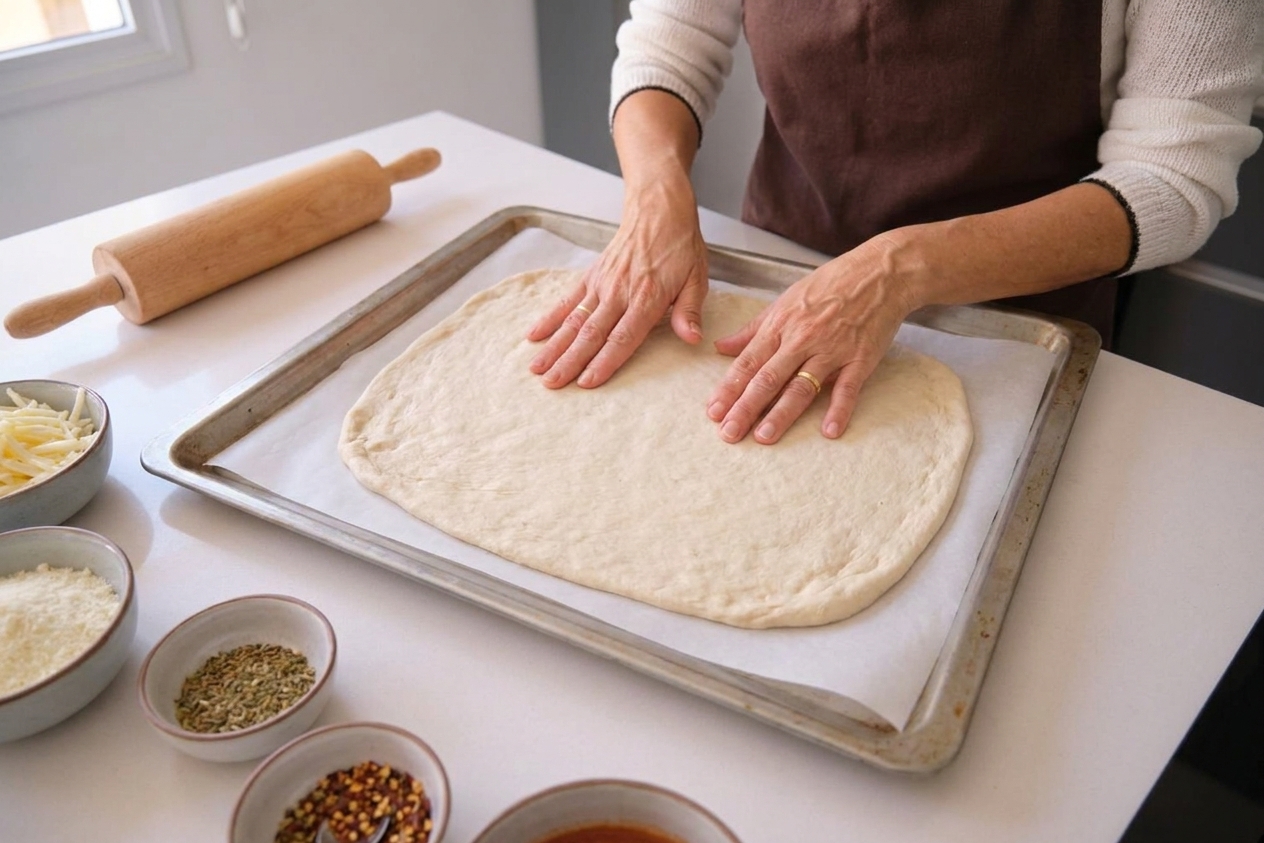 Pizza dough rolled into a rectangle on parchment paper on a rimmed baking sheet