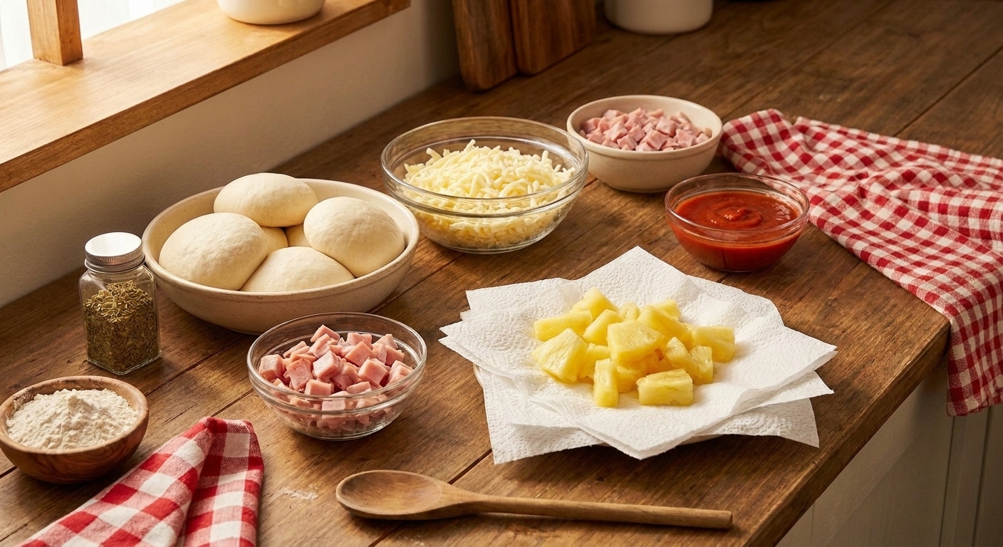 Pizza dough, shredded mozzarella, diced ham, pineapple chunks on paper towels, and a bowl of pizza sauce arranged on a kitchen counter ready for topping