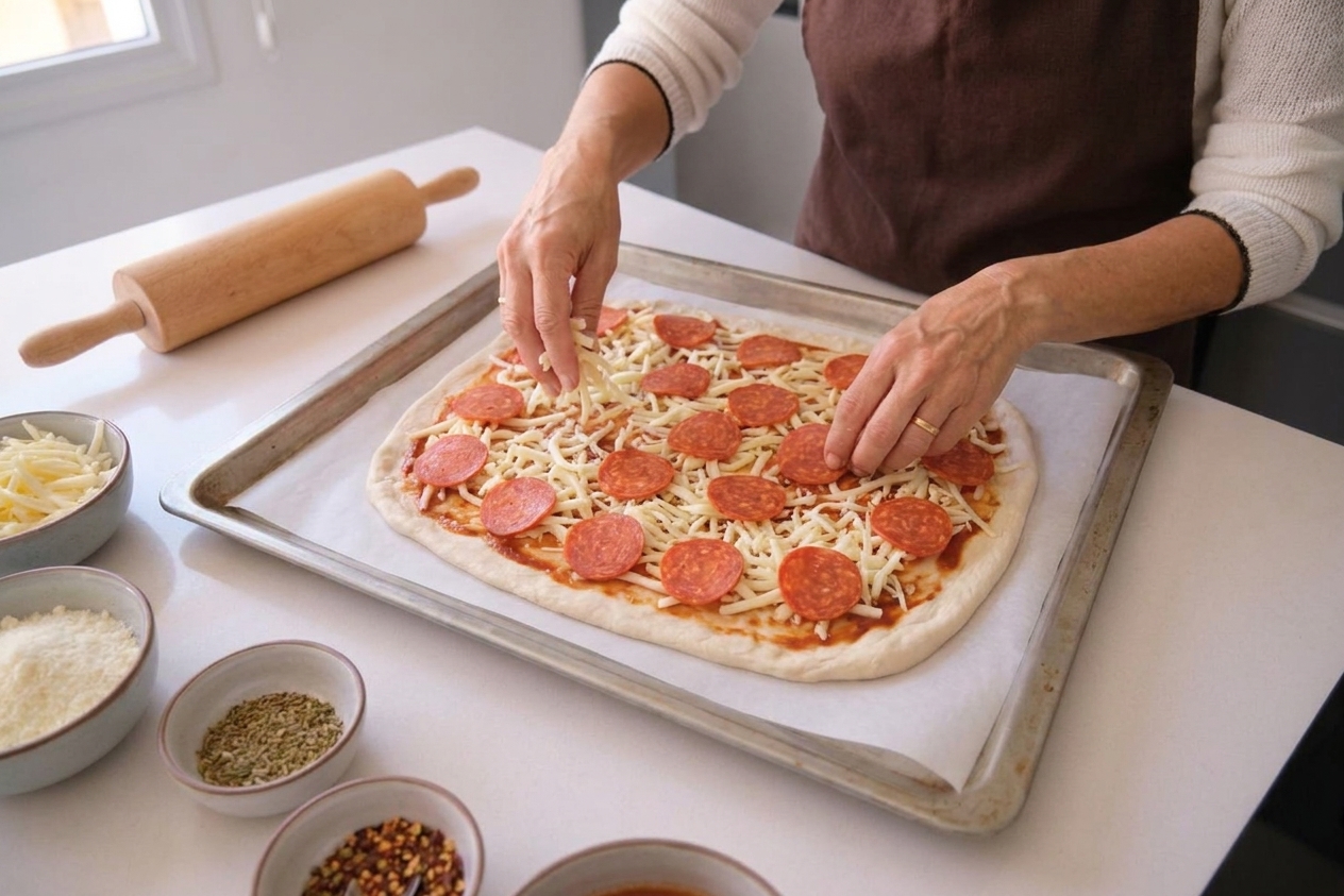 Pizza dough topped with shredded cheese and pepperoni in an even layer leaving a clean border for sealing