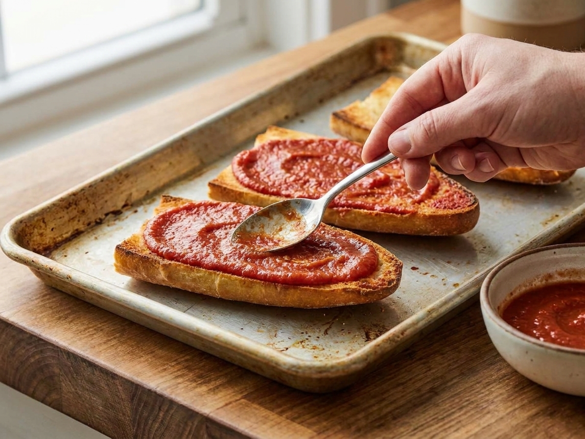 Pizza sauce being spread over toasted French bread halves with the back of a spoon on a sheet pan