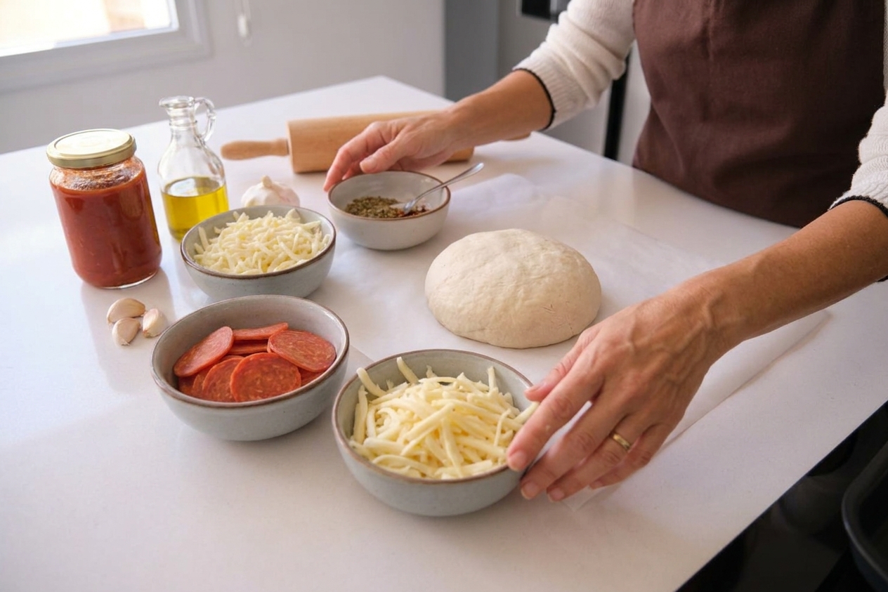 Pizza stromboli ingredients laid out on a kitchen counter including pizza dough, pepperoni, mozzarella, provolone, marinara, olive oil, garlic, and Italian seasoning